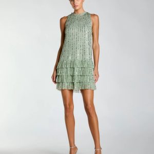 Green Striped Sequin Tiered Ruffle Mini Dress