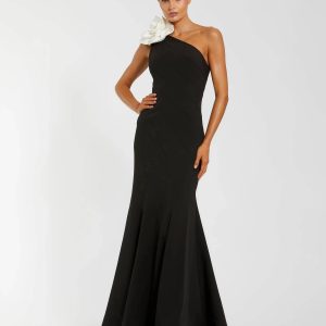 Black One Shoulder Mermaid Gown With 3D Flower