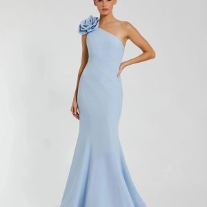 Blue One Shoulder Mermaid Gown With 3D Flower