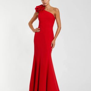 Red One Shoulder Mermaid Gown With 3D Flower