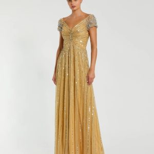 Gold Sequined Evening Gown With Embellished Shoulders