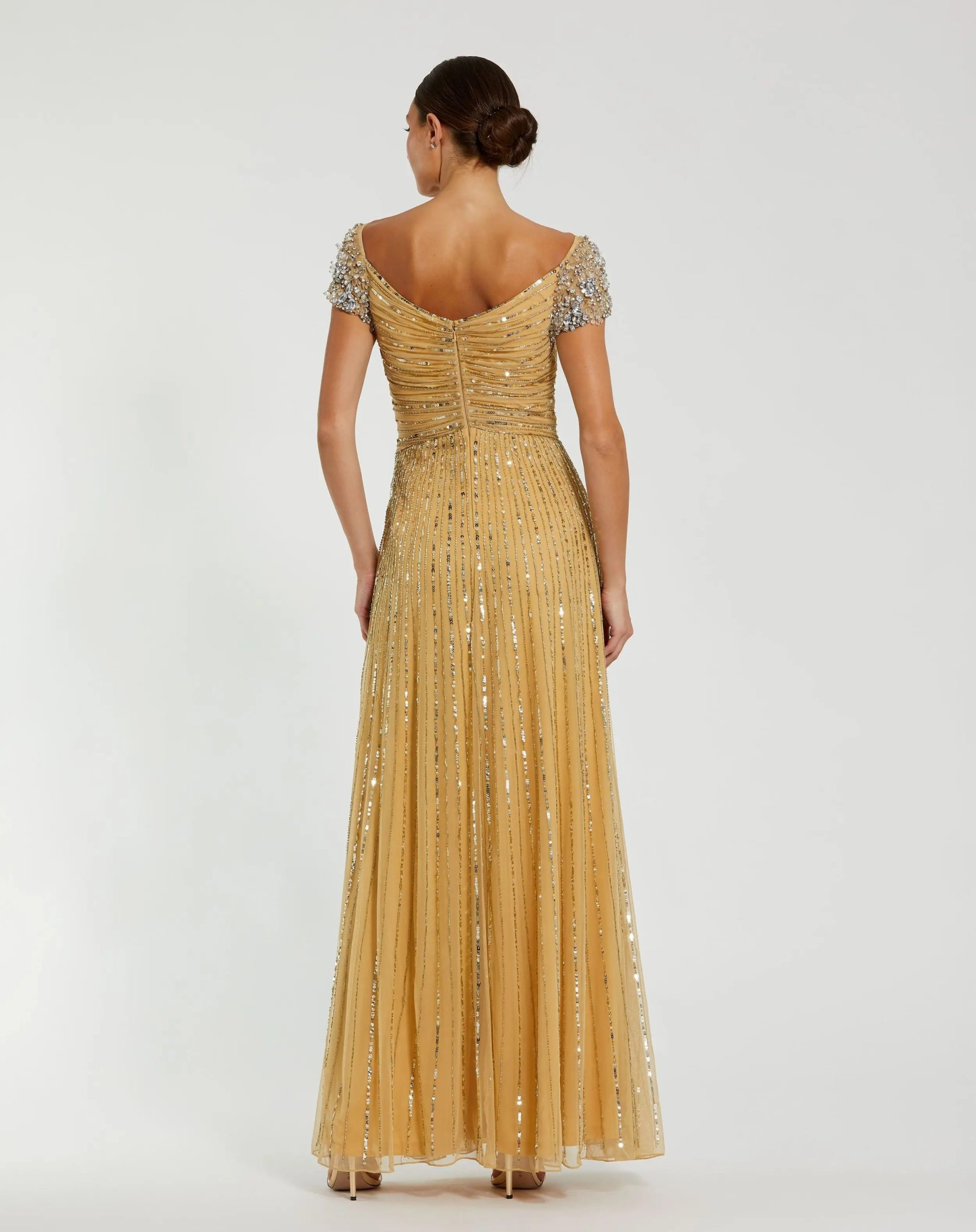 Gold Sequined Evening Gown With Embellished Shoulders - Image 3