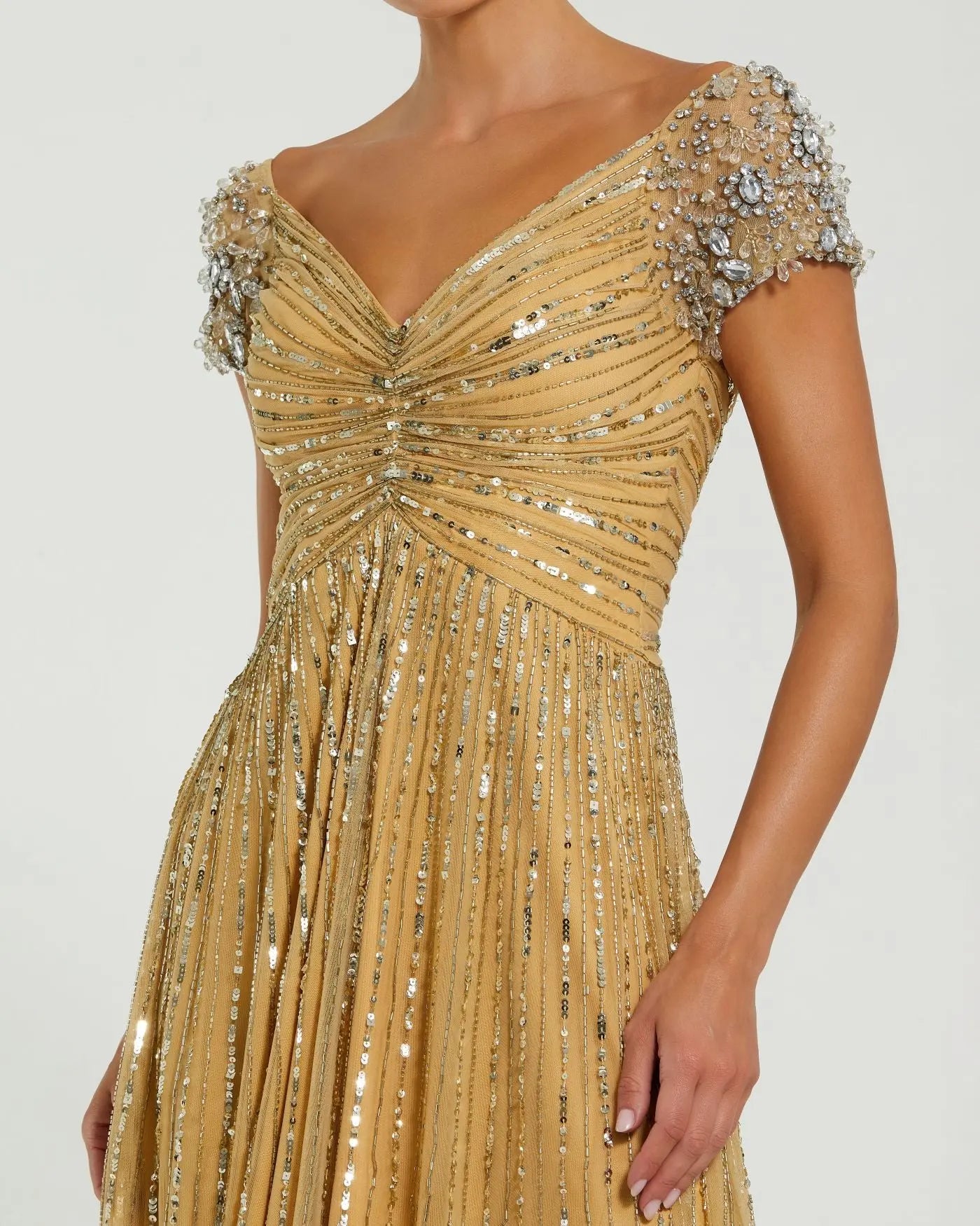 Gold Sequined Evening Gown With Embellished Shoulders - Image 2