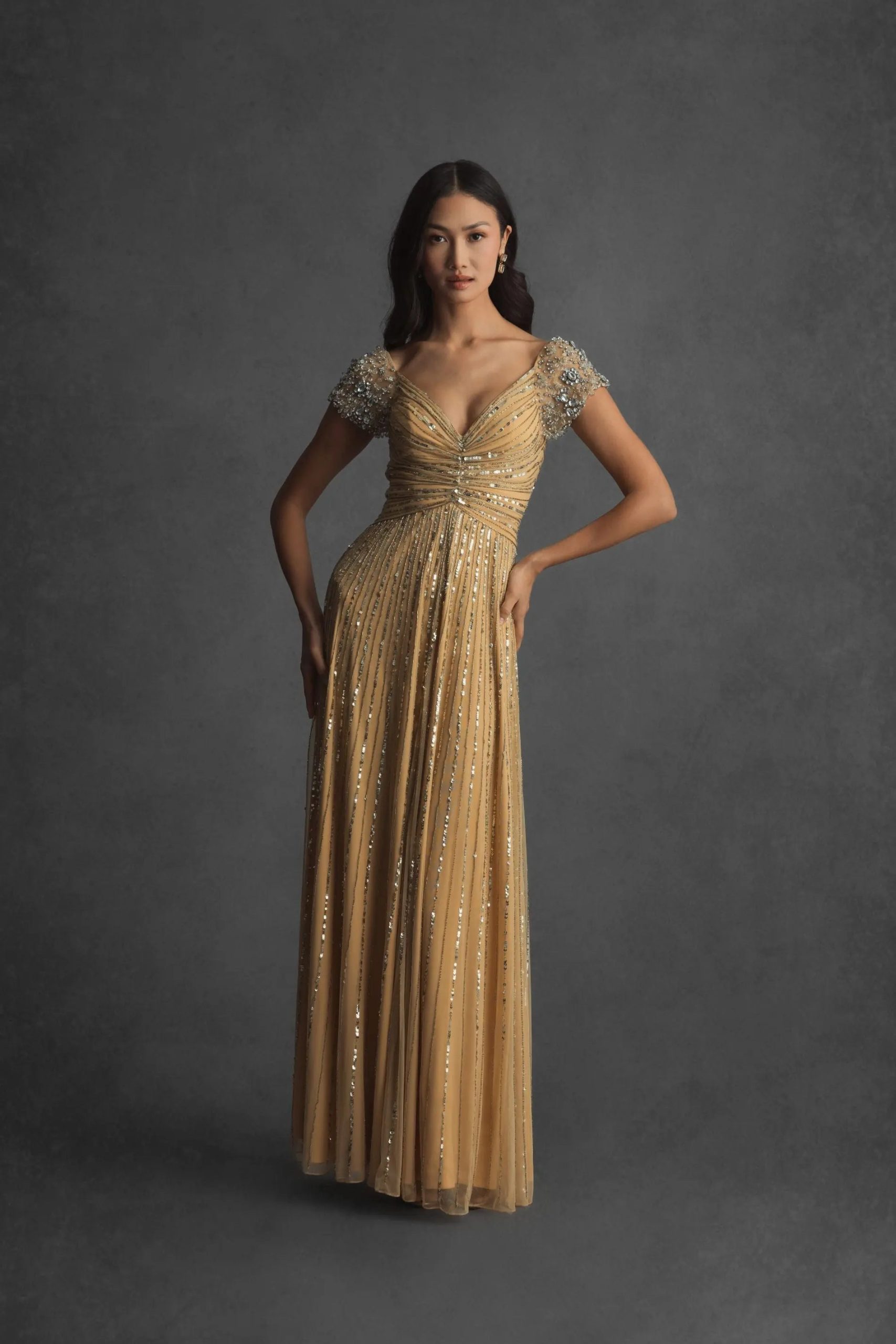 Gold Sequined Evening Gown With Embellished Shoulders - Image 4
