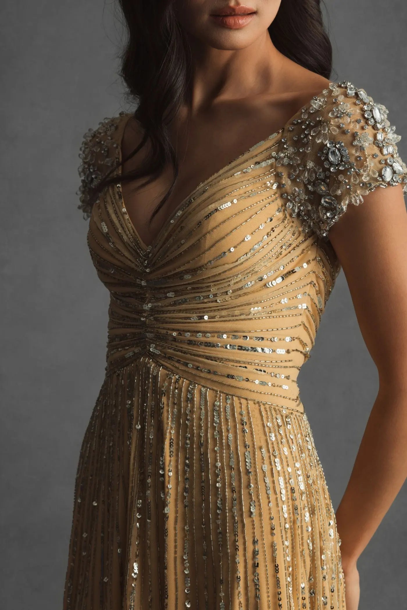Gold Sequined Evening Gown With Embellished Shoulders - Image 5