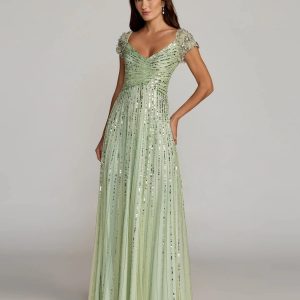 Green Sequined Evening Gown With Embellished Shoulders