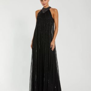 Black Sleeveless Halter Neck Embellished Trapeze Gown
