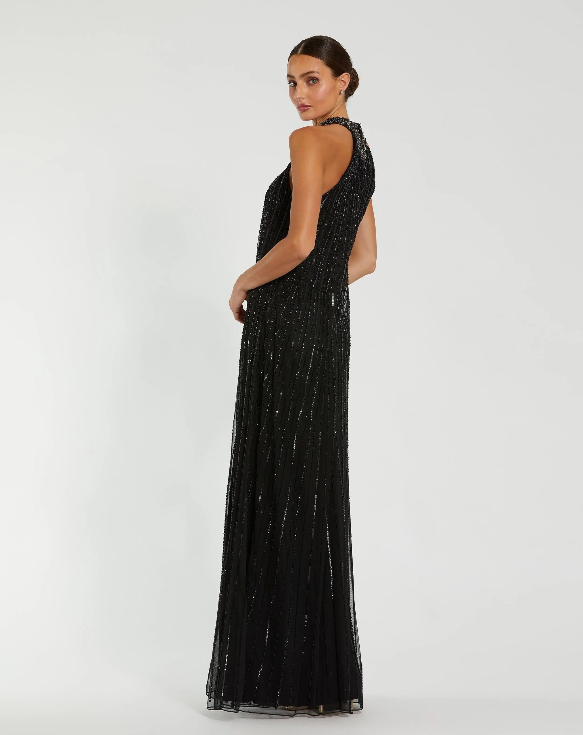 Black Sleeveless Halter Neck Embellished Trapeze Gown - Image 3