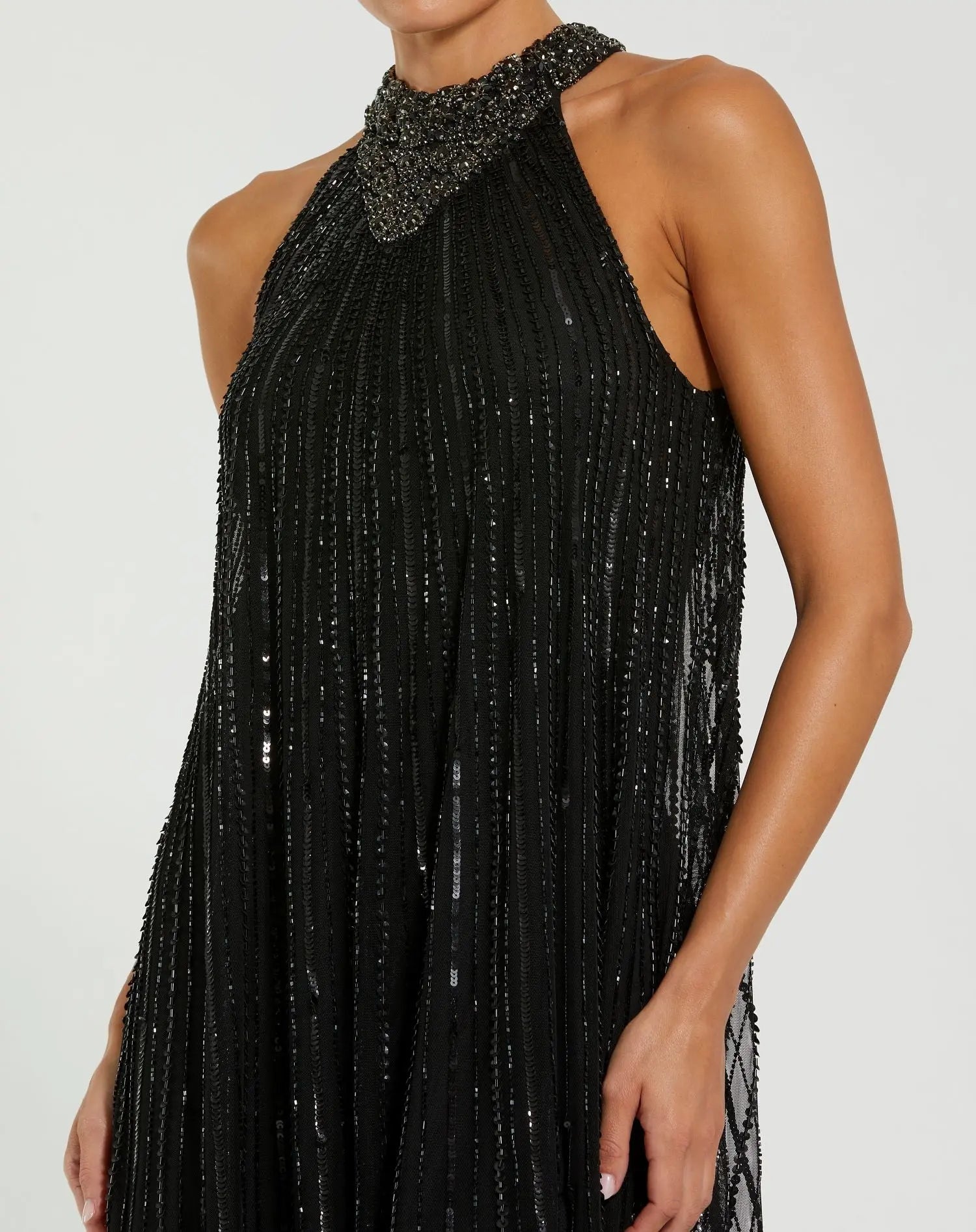 Black Sleeveless Halter Neck Embellished Trapeze Gown - Image 2