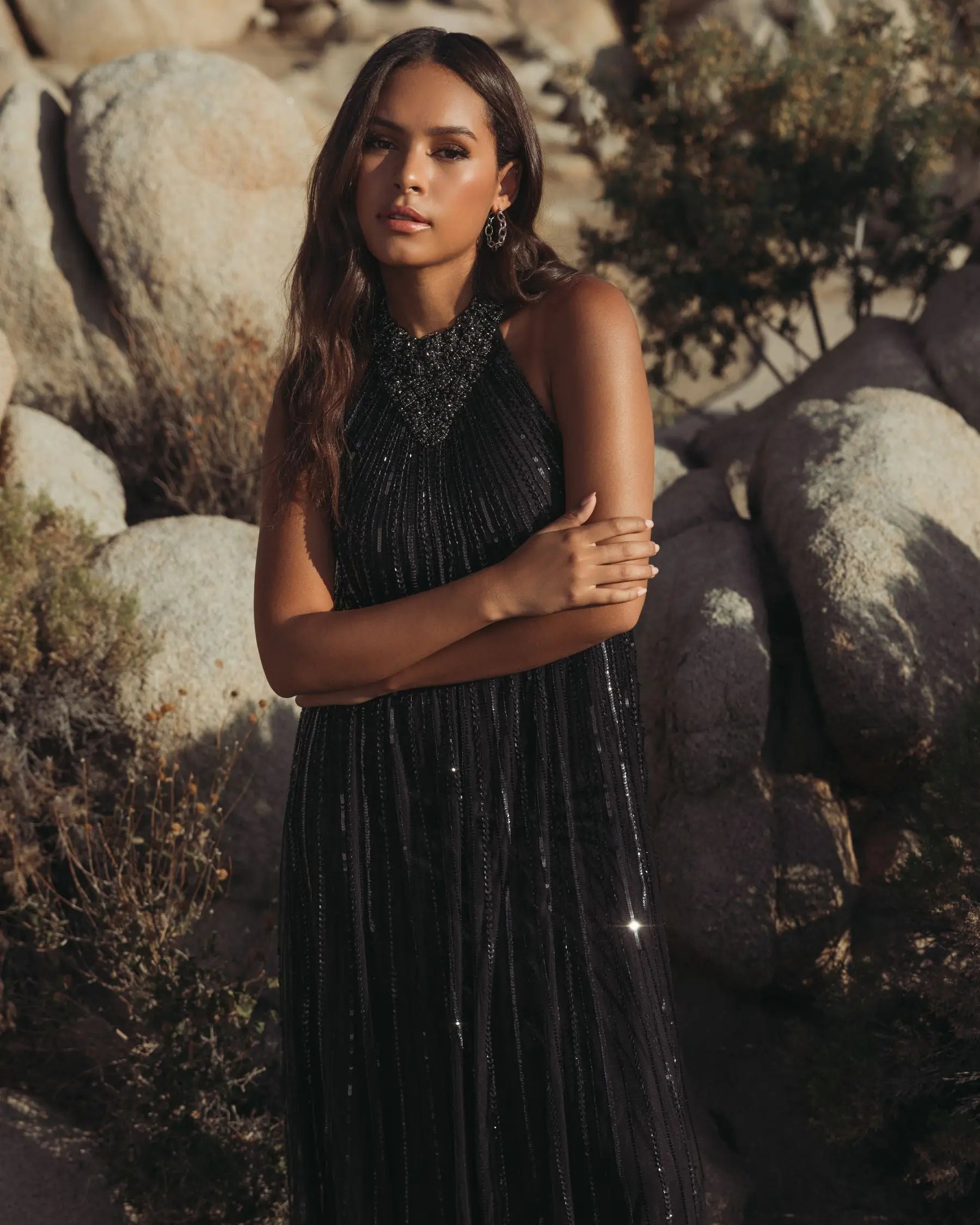 Black Sleeveless Halter Neck Embellished Trapeze Gown - Image 5