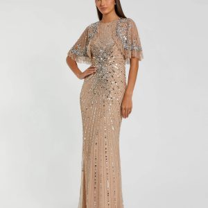Beige Embellished Mesh Fitted Gown With Capelet