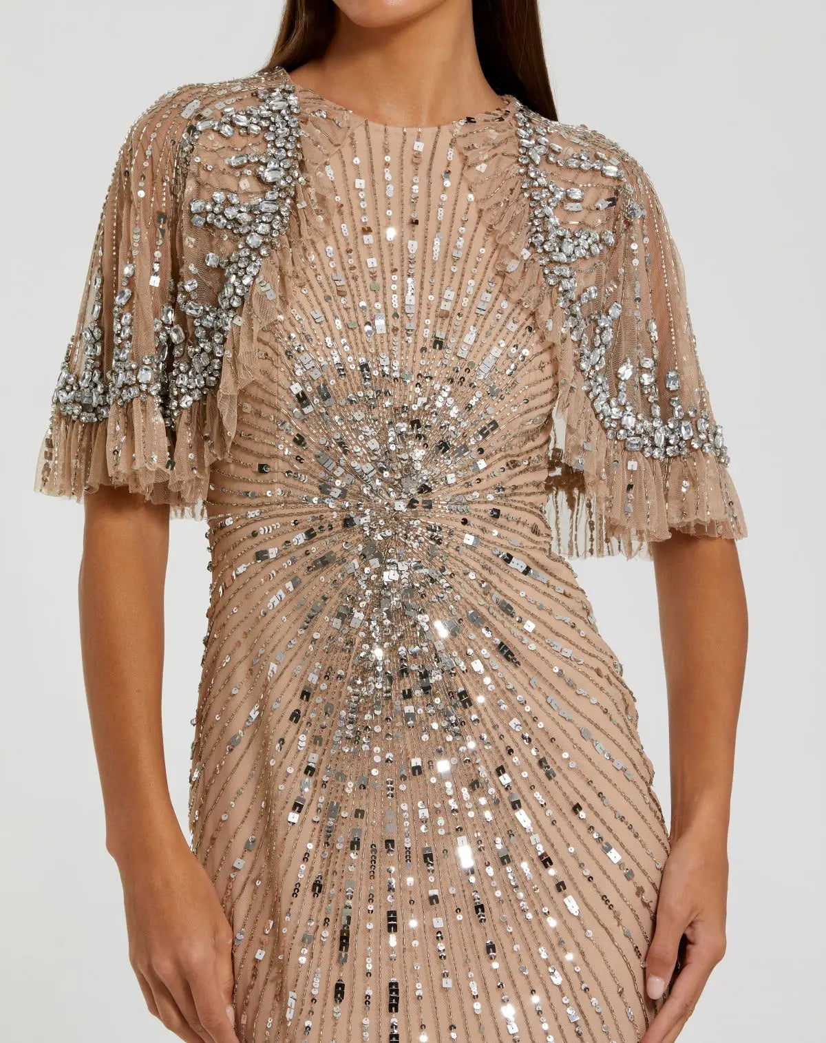 Beige Embellished Mesh Fitted Gown With Capelet - Image 2