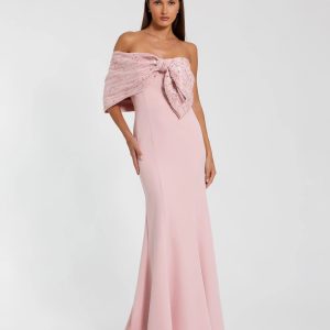 Pink Beaded Off-the-Shoulder Satin Trumpet Gown