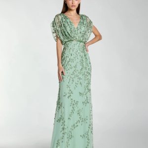 Green Beaded V-Neck Short Sleeve Blouson Gown