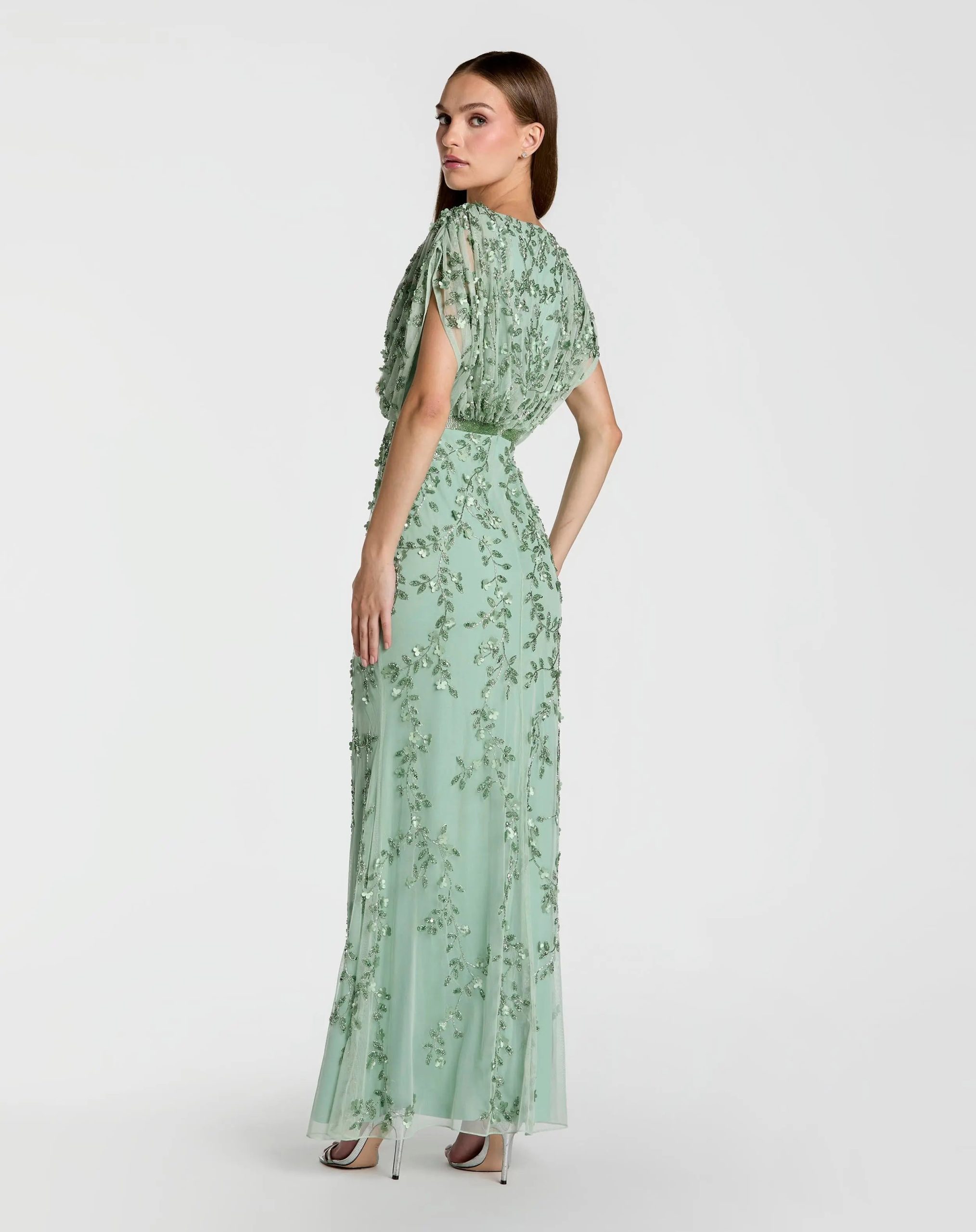 Green Beaded V-Neck Short Sleeve Blouson Gown - Image 3