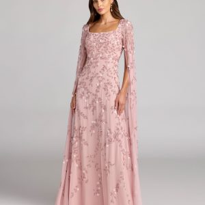 Pink Floral Embellished Cape Sleeve Gown
