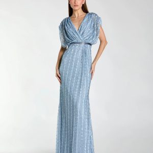 Blue Embellished Blouson V Neck Column Gown