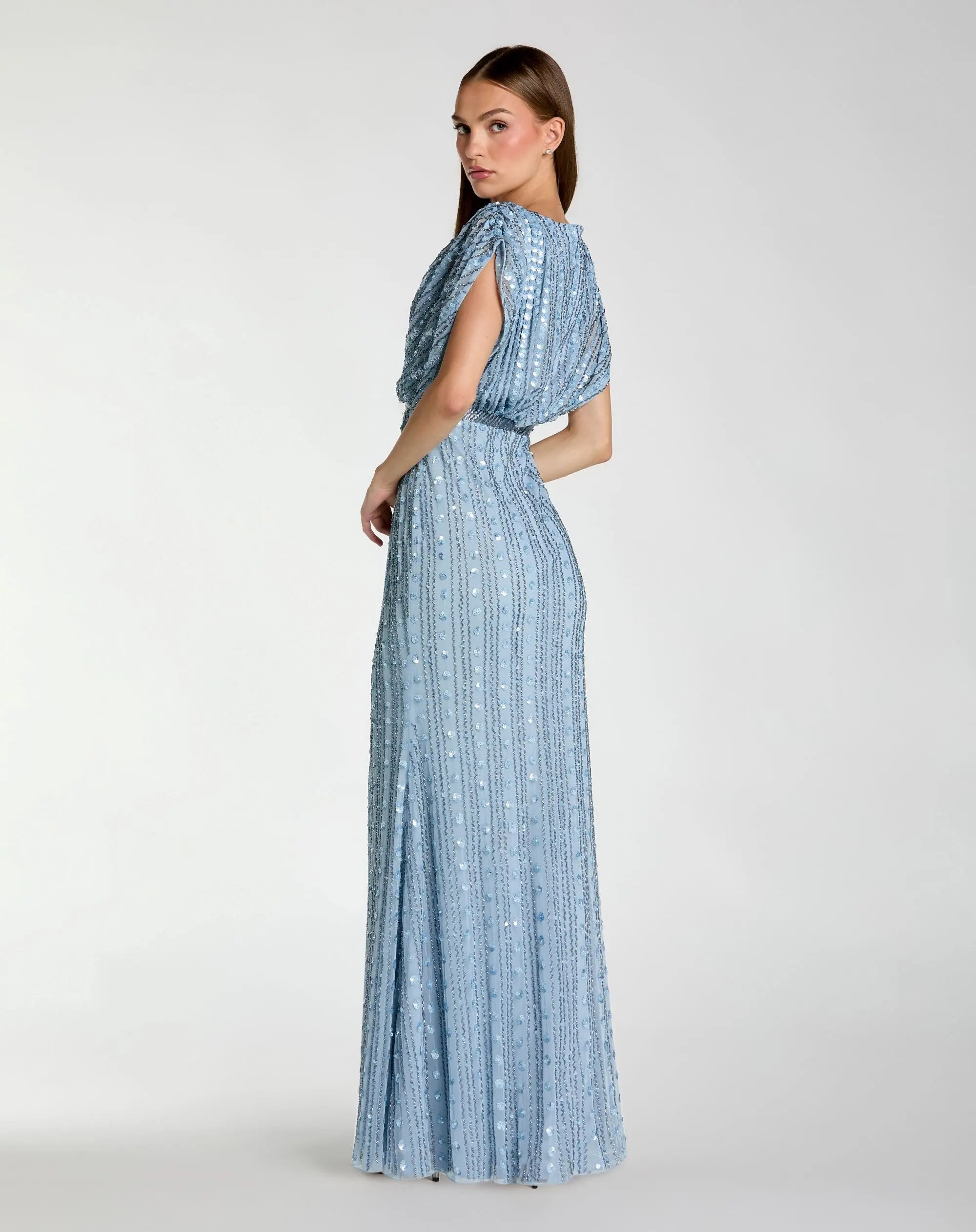 Blue Embellished Blouson V Neck Column Gown - Image 3