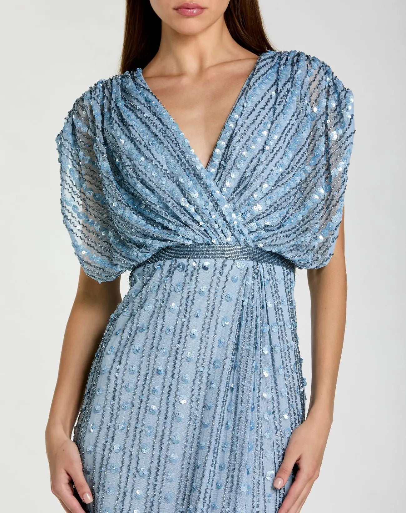 Blue Embellished Blouson V Neck Column Gown - Image 2