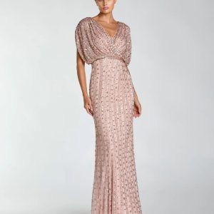 Pink Embellished Blouson V Neck Column Gown