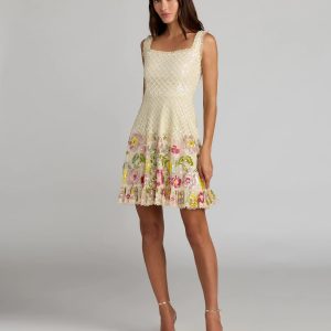 Ivory Floral Sequin Square Neck Mini Dress