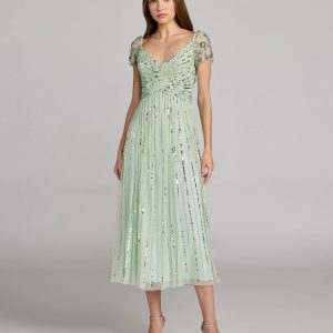 Green Sequin Jeweled V Neck Midi Dress