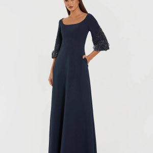 Navy Crepe Gown With Floral Embellished Sleeves