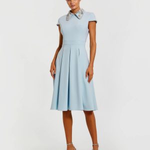 Blue Crepe Short Sleeve Midi Dress With Beading