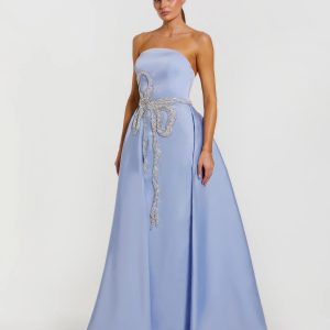 Blue Strapless Embellished Satin Gown with Overskirt