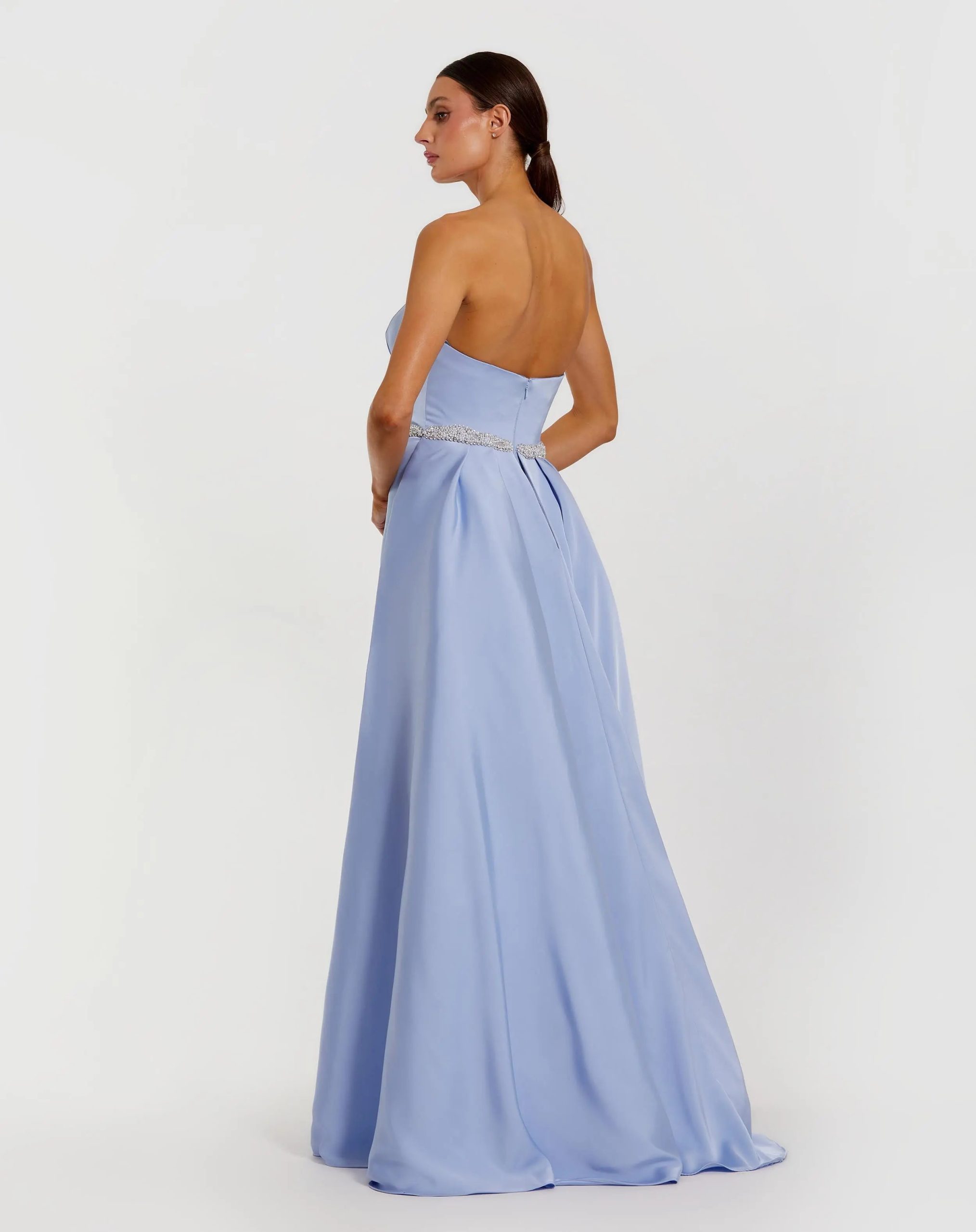 Blue Strapless Embellished Satin Gown with Overskirt - Image 3