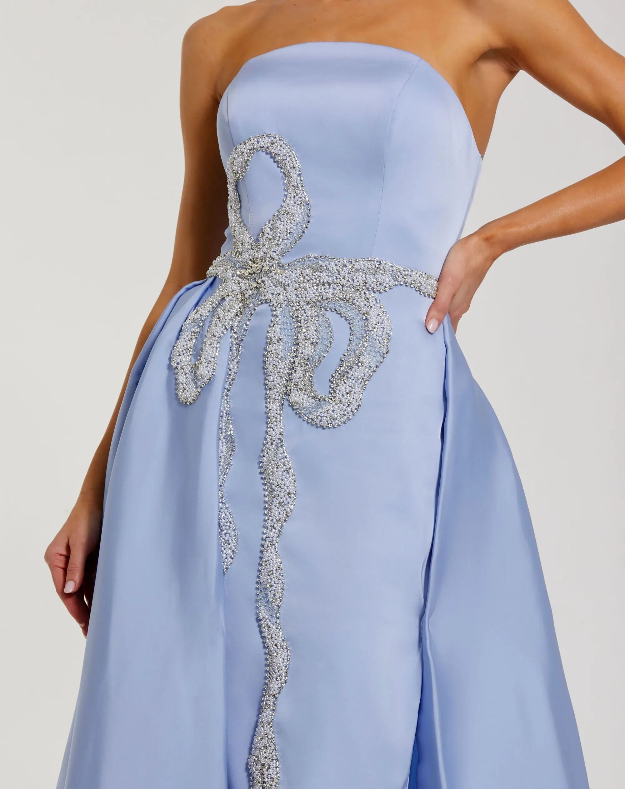 Blue Strapless Embellished Satin Gown with Overskirt - Image 2
