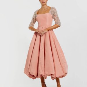 Pink Bubble Hem Midi Dress With Embellished Sleeves