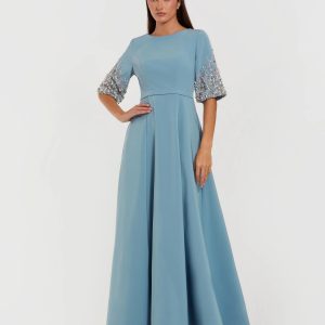 Blue Crepe Gown With Embellished 3/4 Sleeves