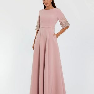 Pink Crepe Gown With Embellished 3/4 Sleeves