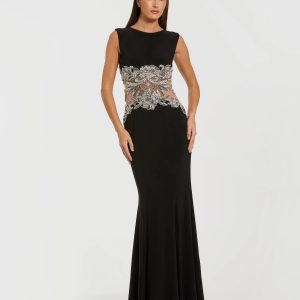 Black Sleeveless Jersey Gown With Beaded Waist Detail