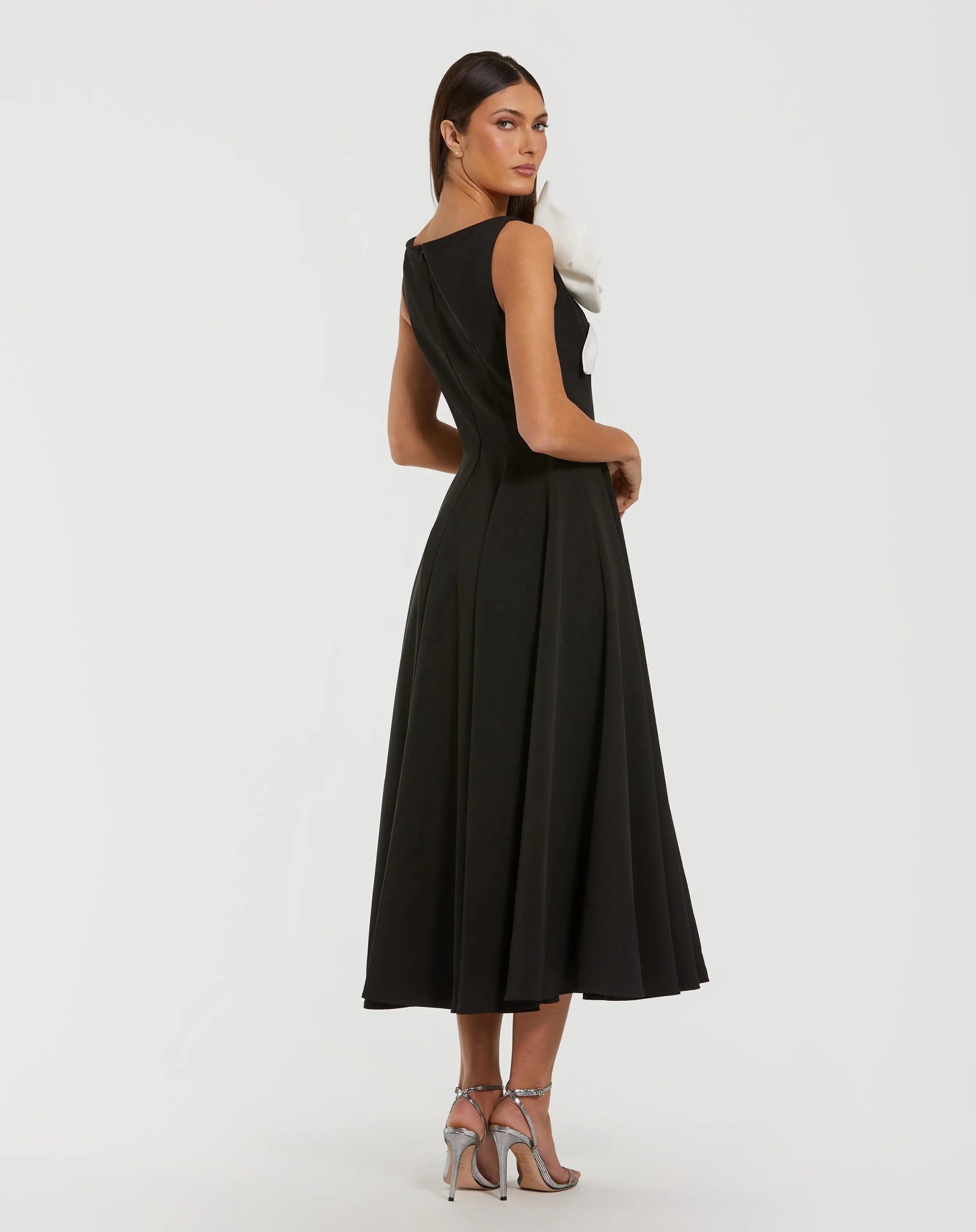 Black Crepe A Line Midi Dress with 3D Flower - Image 3