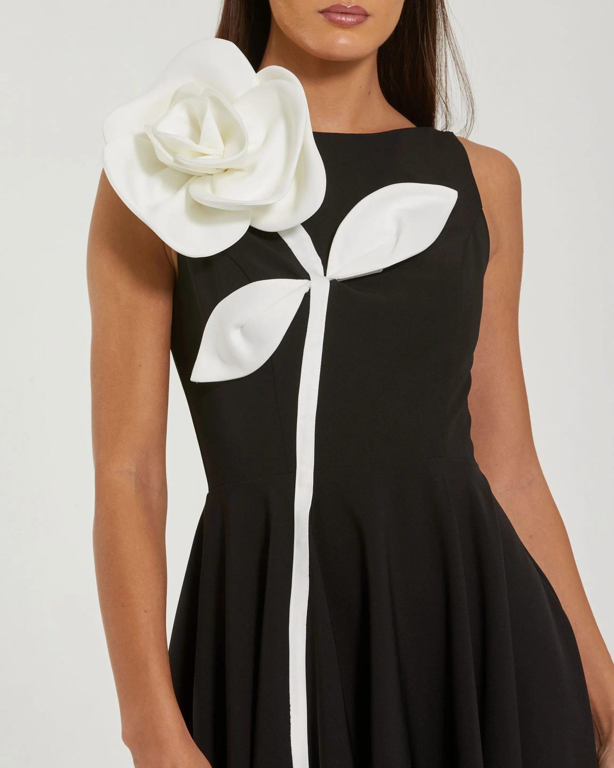 Black Crepe A Line Midi Dress with 3D Flower - Image 2