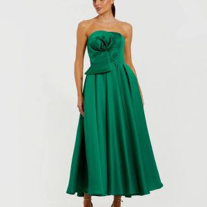 Green Strapless Satin A Line Midi Dress With 3D Flower