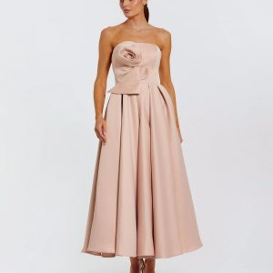 Pink Strapless Satin A Line Midi Dress With 3D Flower