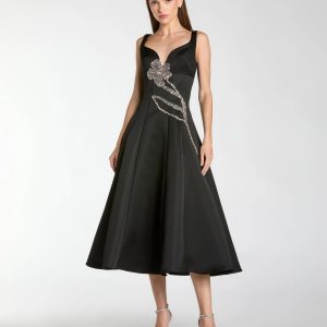 Black A-Line Midi Dress With Embellished Flower