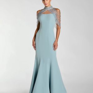 Blue Crepe Mermaid Gown With Crystal Draping