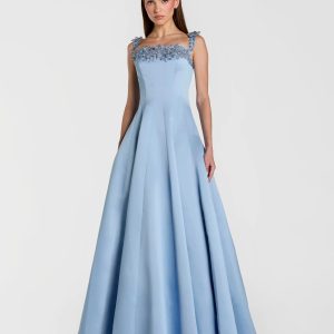 Blue Satin Ball Gown With 3D Embellished Flowers