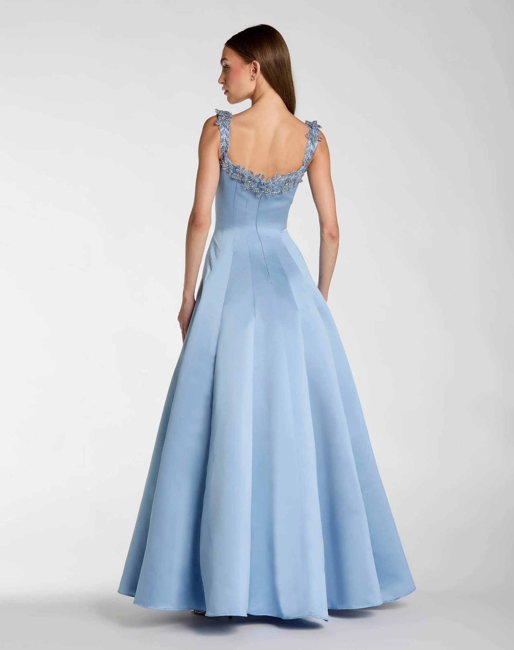 Blue Satin Ball Gown With 3D Embellished Flowers - Image 3