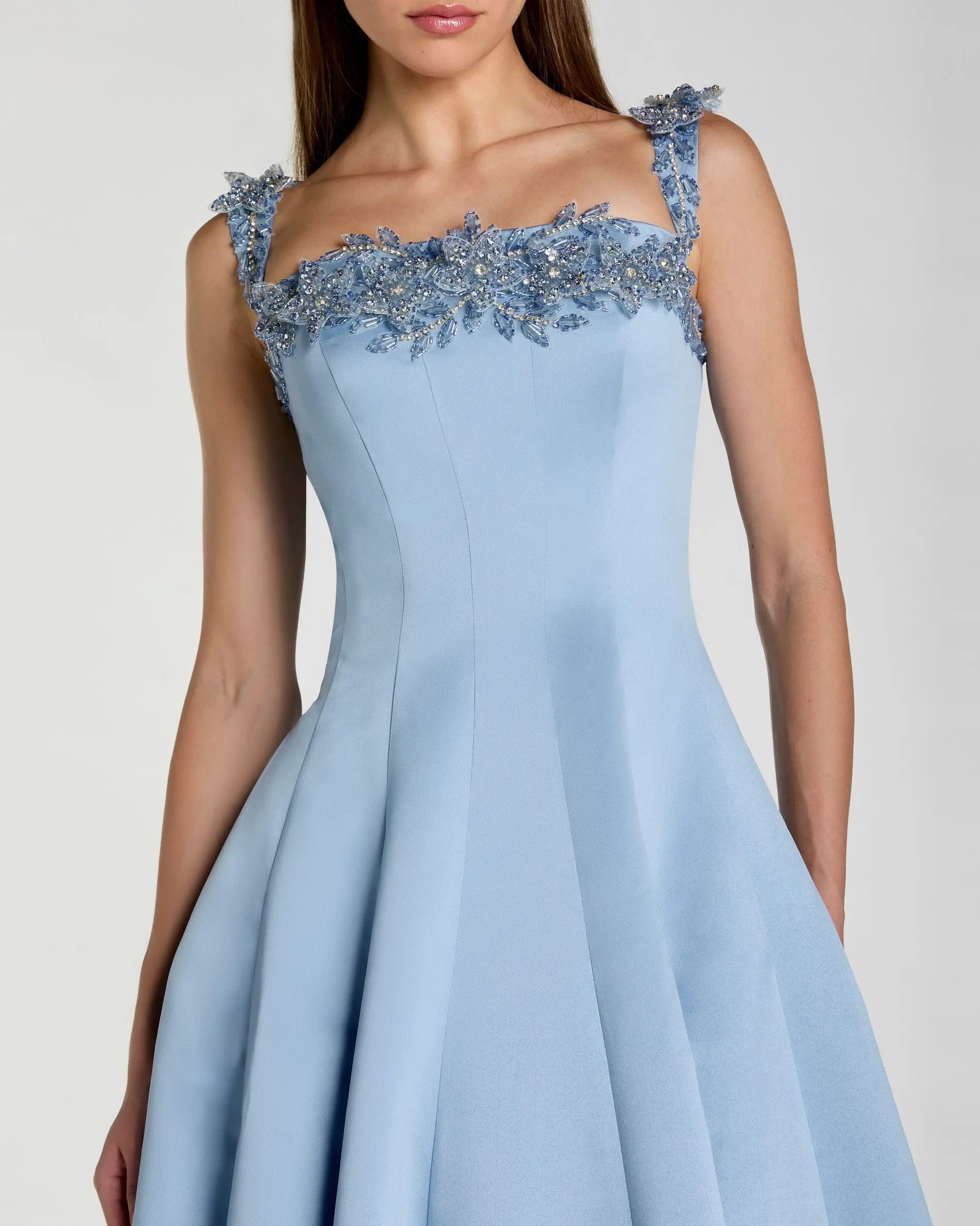 Blue Satin Ball Gown With 3D Embellished Flowers - Image 2