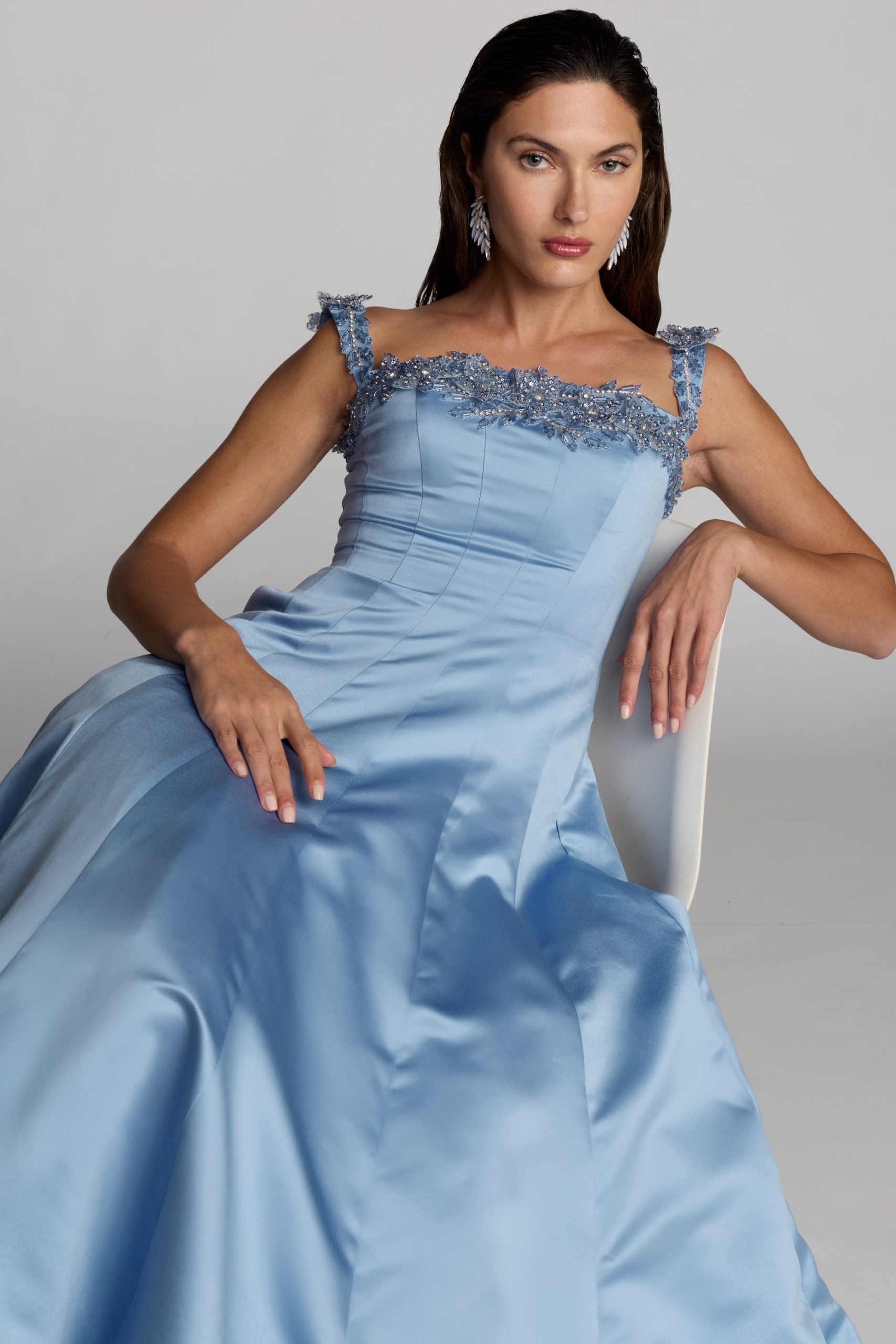 Blue Satin Ball Gown With 3D Embellished Flowers - Image 5