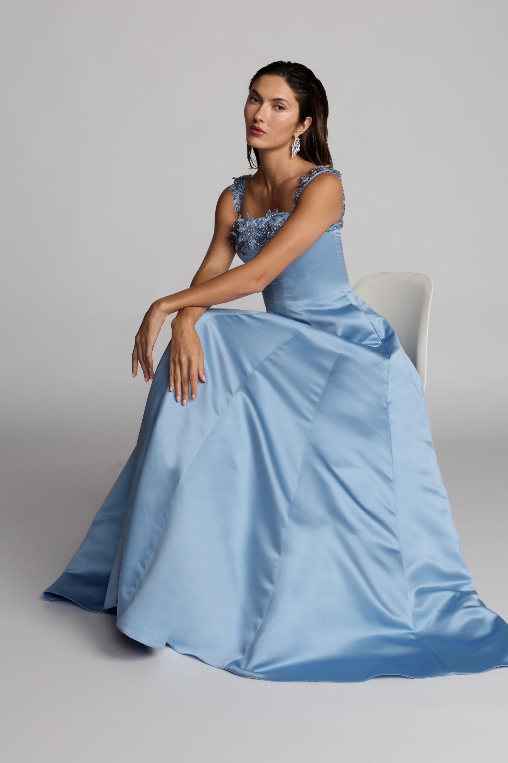 Blue Satin Ball Gown With 3D Embellished Flowers - Image 6