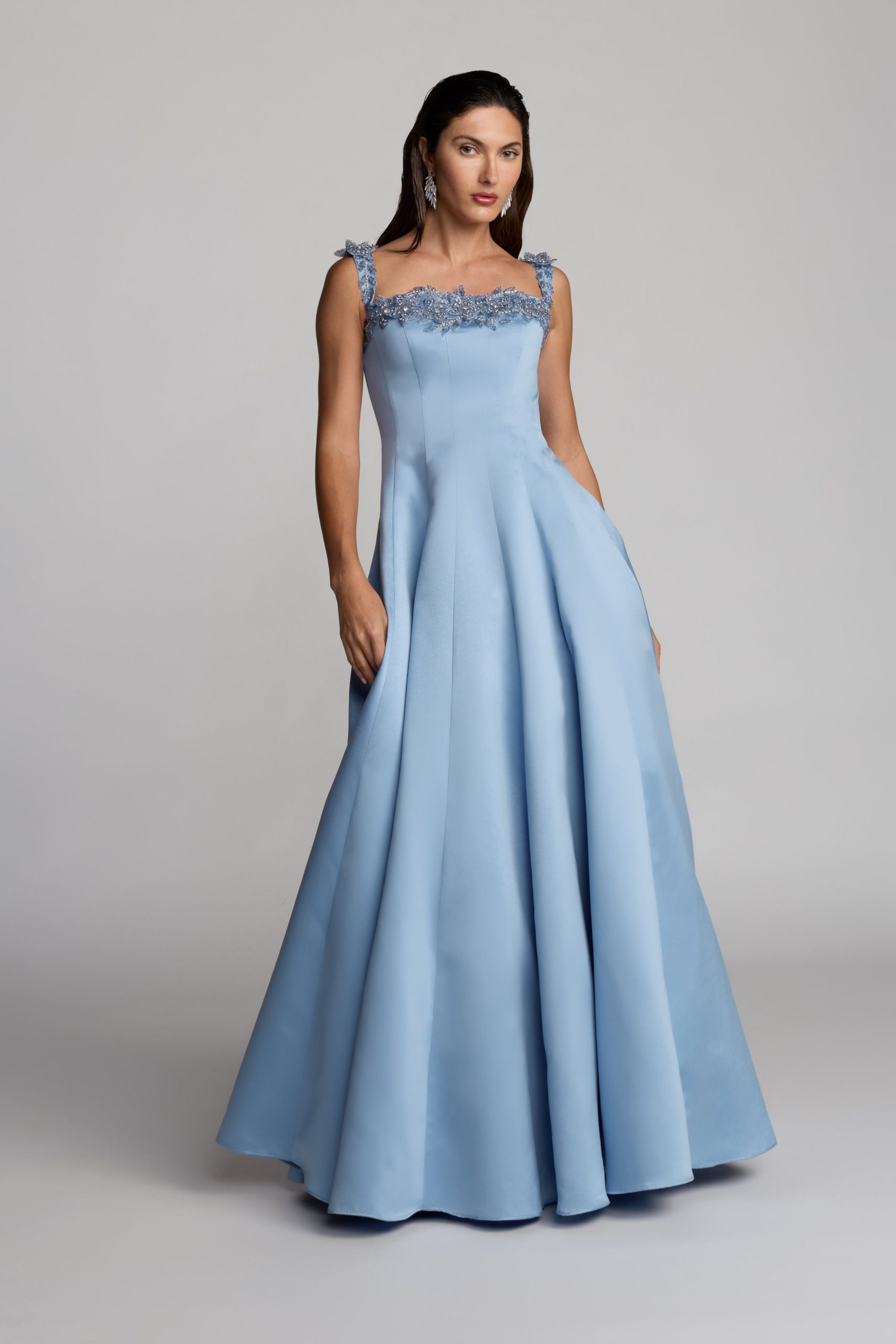Blue Satin Ball Gown With 3D Embellished Flowers - Image 4