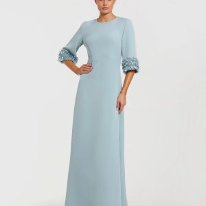 Blue A-Line Crepe Gown With Embellished 3/4 Sleeves