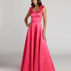 Pink Sleeveless Satin Ball Gown With 3D Flower Straps