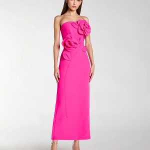 Pink Strapless Crepe Dress With 3D Flower Detail